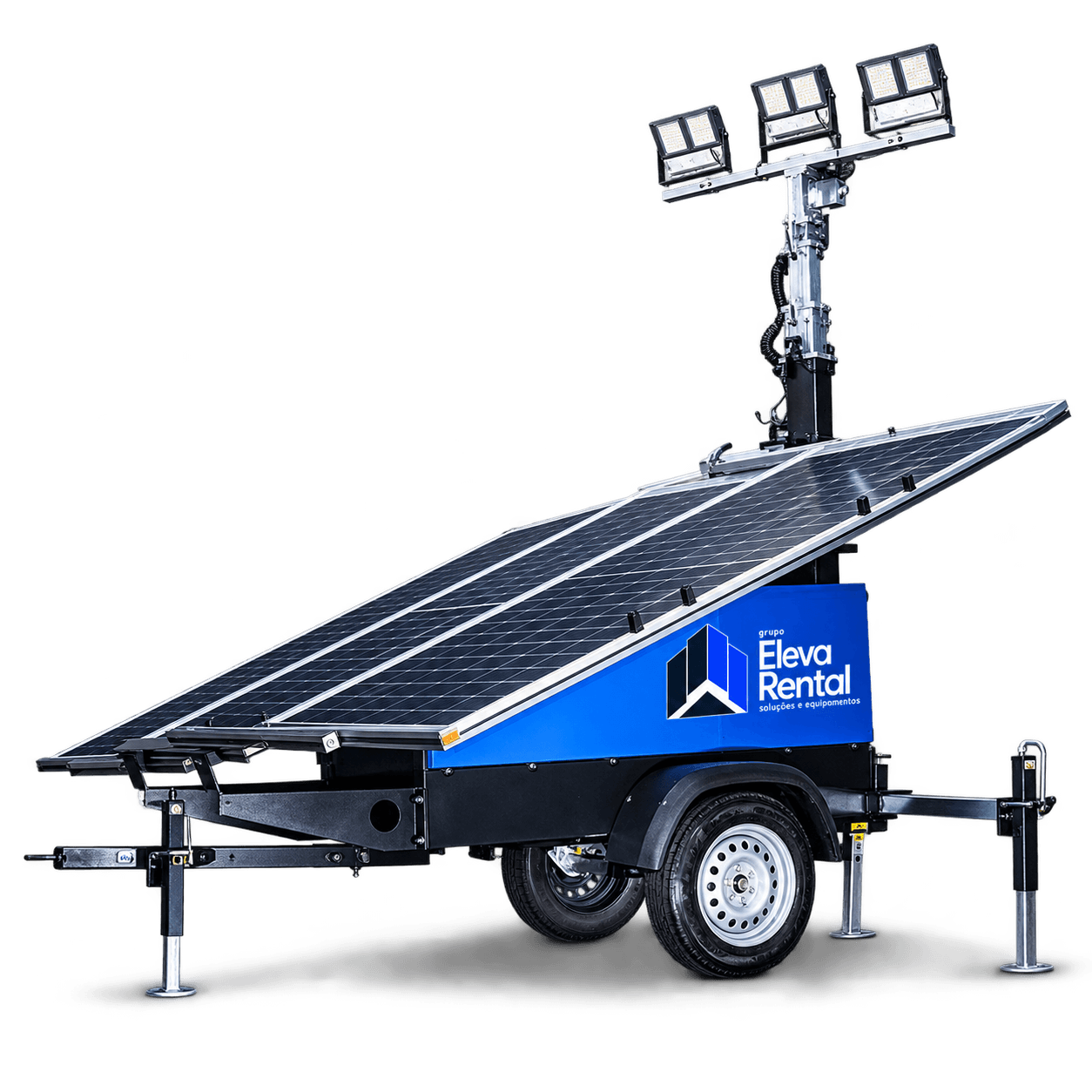 Torre solar móvel Grupo Eleva Rental com painéis fotovoltaicos e refletores de LED